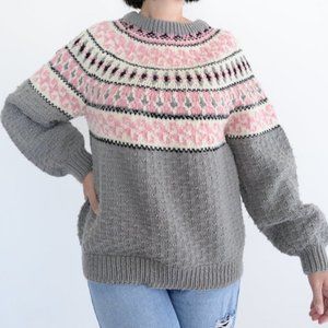 Grey &Pink  Chunky Knit Crewneck Sweater Cowichan Fair Isle Icelandic Fisherman